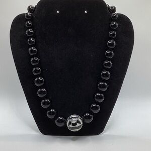 Black Beaded Necklace with Marbled Pendant